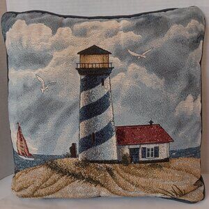 Vtg Lighthouse Sailboat Tapestry Pillow Seagulls Nautical Square 2 Sided
